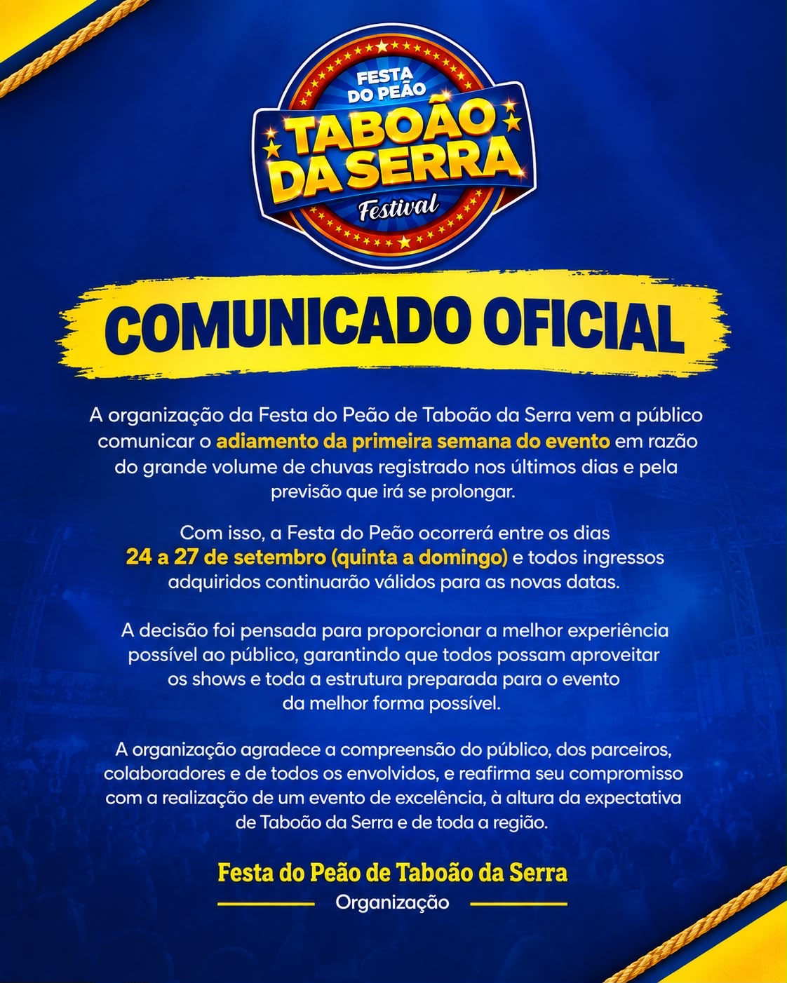 Foto da reportagem Festa do Peão de Taboão da Serra é adiada após alerta de chuvas; shows serão realizados de 24 a 27 de setembro